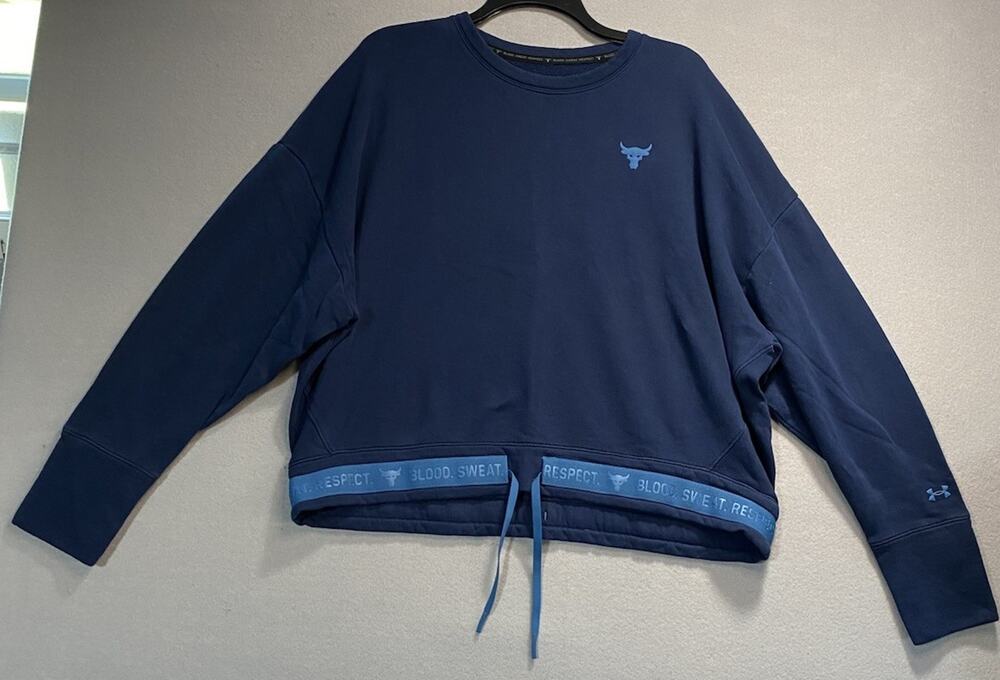 Under Armour Project Rock Fleece Crewneck Sweatshirt Womens XL Blue Gym Crop